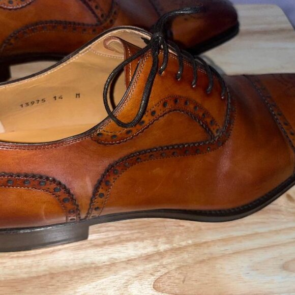 Size 14 M Magnanni Brogue Derby Medallion Toe Oxford Cognac Mens Dress 13975